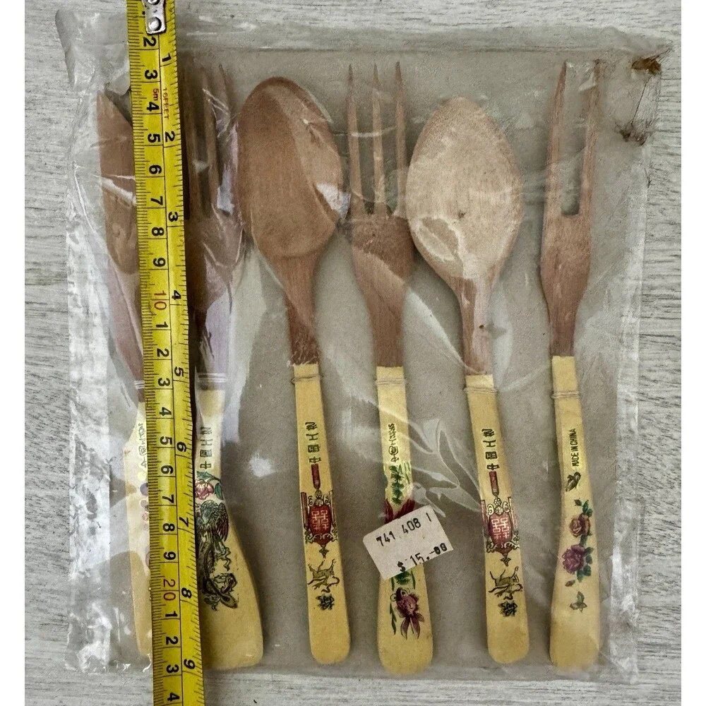 Vintage Chinese Wood Flatware Set Floral Decoupage Salad Utensils NOS